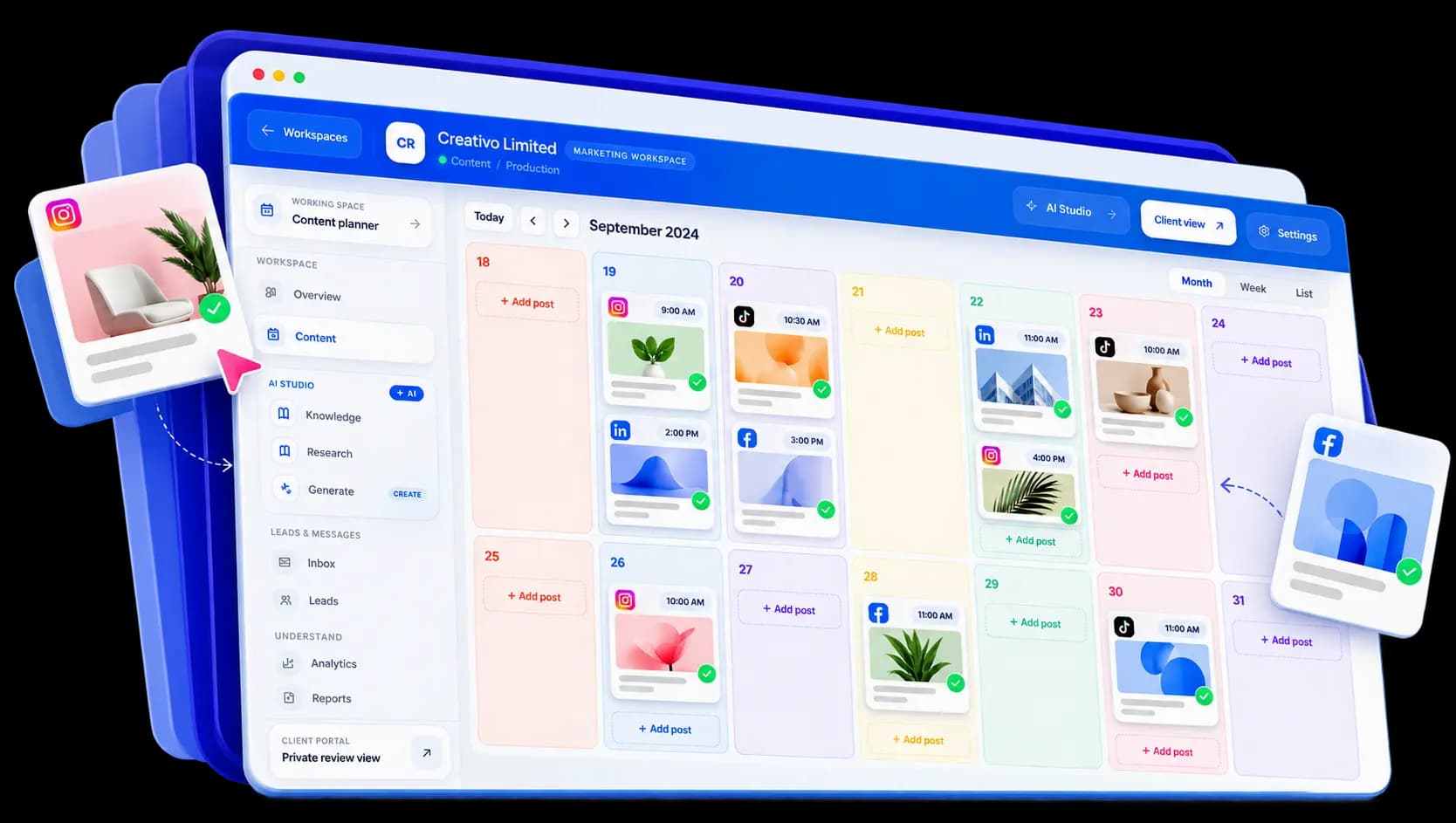 Illustrative Showwork product views including content calendar, social inbox, analytics and AI recommendations